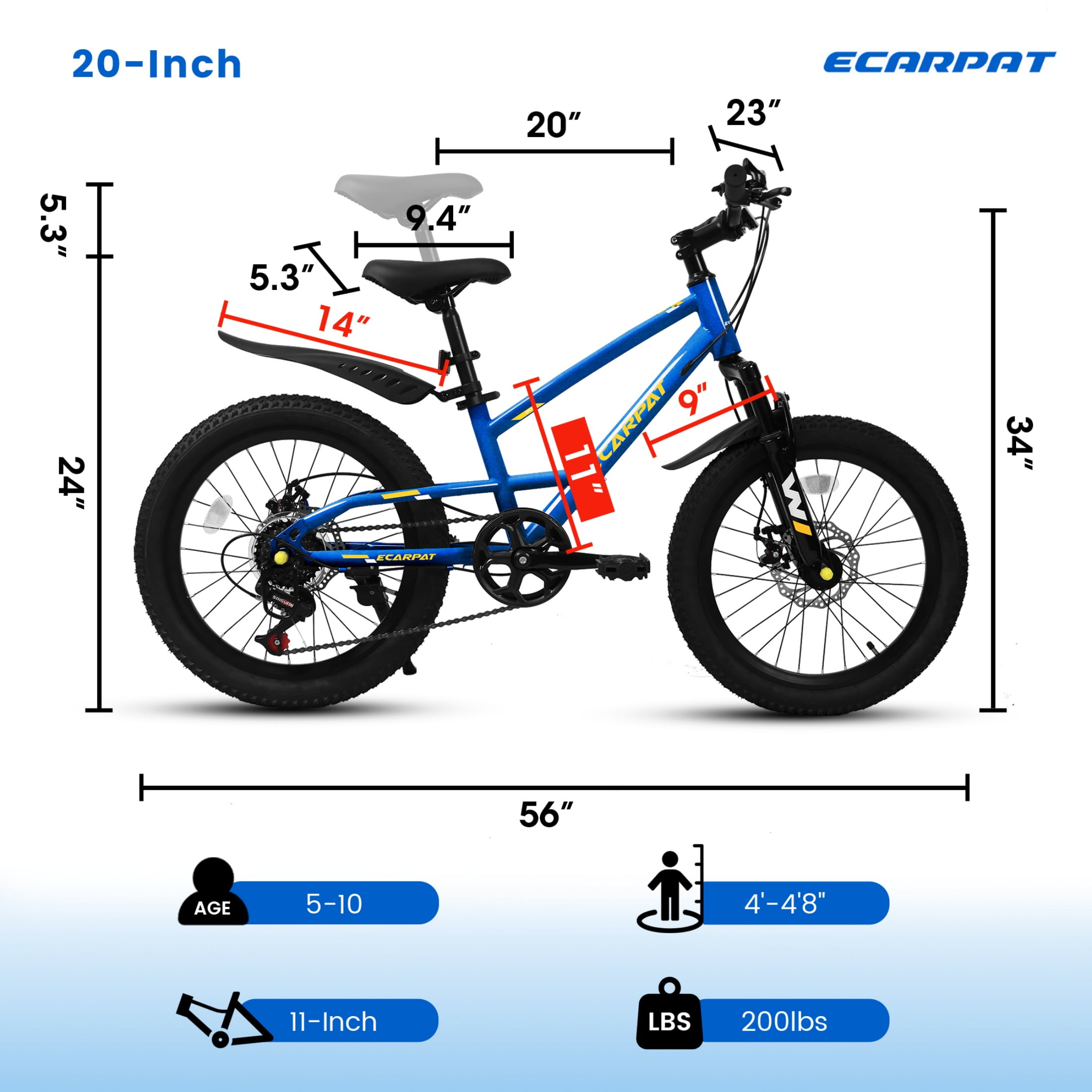 QEEKA 20 Inch Kids Mountain Bike，4.0"/2.125" Wide Non-Slip Tires,7-Speed with Front Suspension,Dual Disc Brakes and Steel Frame,Kids MTB Bicycle for Ages 6-12 Years Old,Blue