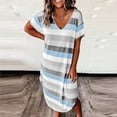 thumbnail image 2 of QIPOPIQ Robes pour Femmes Longues Fluides Robe à Étages Manches Courtes Col en V Imprimé à Rayures Robe d'Été Douce Robe de Bureau Élégante Confortable Offres 2023, 2 of 6