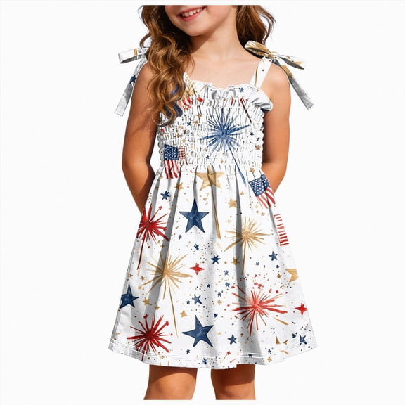 CAUYDY Baby Girls 4th of July Dress Toddler Girl Outfit 1-6T Kids Patriot Fourth of July Independence Day Clothes Flag Print Strap Summer Smocked Sundress (Sizes 2-3 Years,White)