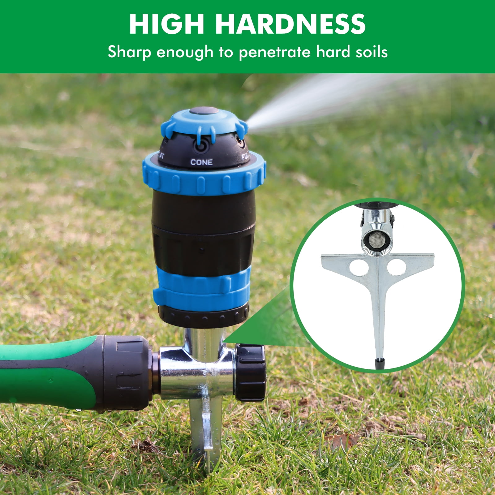 Restmo Gear Drive Sprinkler with Metal Spike Base,5-Pattern Multi-Adjustable Lawn Sprinkle for Garden,Flower Bed and Large Yard Area Watering,Blue