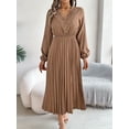 thumbnail image 5 of Womens Flowy Long Sleeve Dress Elegant Plain Color Stand Collar Belted Pleated Dress With Hem, 5 of 5
