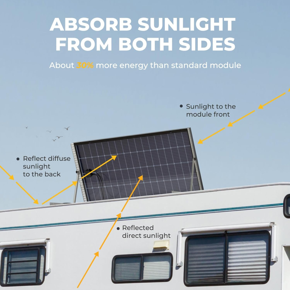 BougeRV Bifacial 200 Watts Solar Panel 10BB 12 Volt Mono Solar Panel, 23% High Efficiency Module Monocrystalline Technology for RV Camping Home Boat Marine Off-Grid