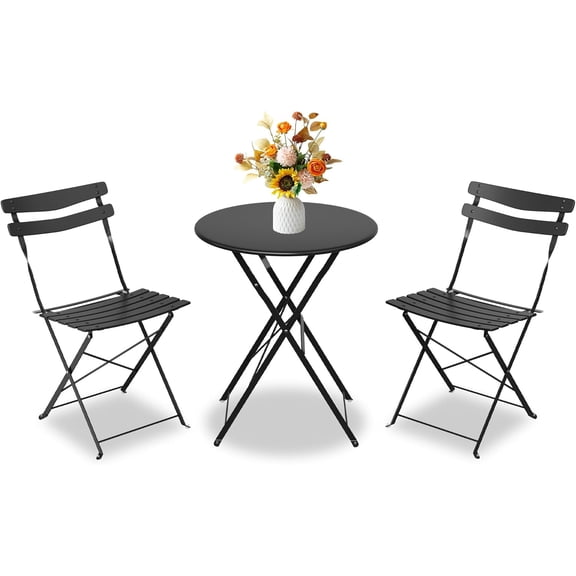 IdealHouse 3 Piece Patio Bistro Set, Folding Patio Bistro Table and Chairs Set of 2, Outdoor Patio Furniture Set, Metal Structure, No Assembly Need, for Balcony Yard Garden, Black