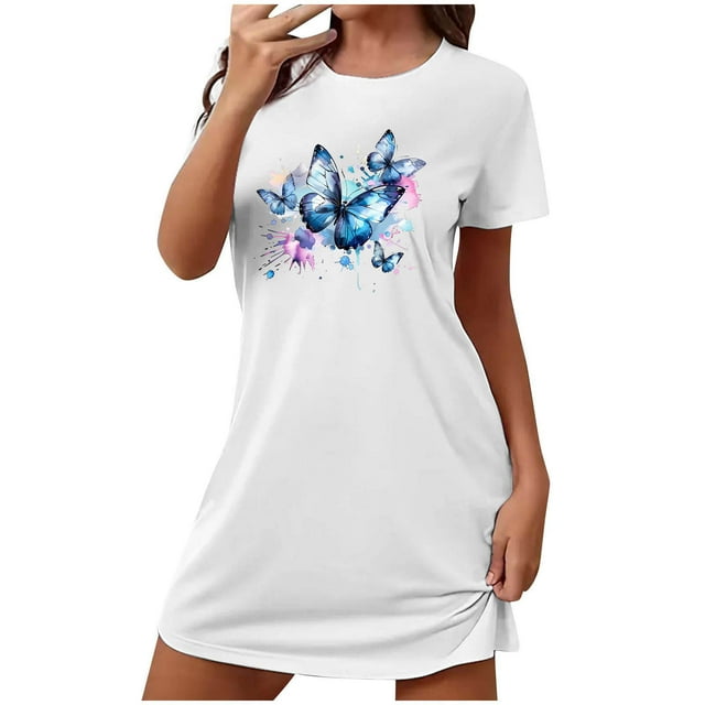 Tauxra Chemise de Nuit à Manches Courtes pour Femmes Coupe Ample Robe de Nuit avec Imprimé Col Rond Chemise de Nuit Décontractée pour Femmes Grande Taille p-TTG