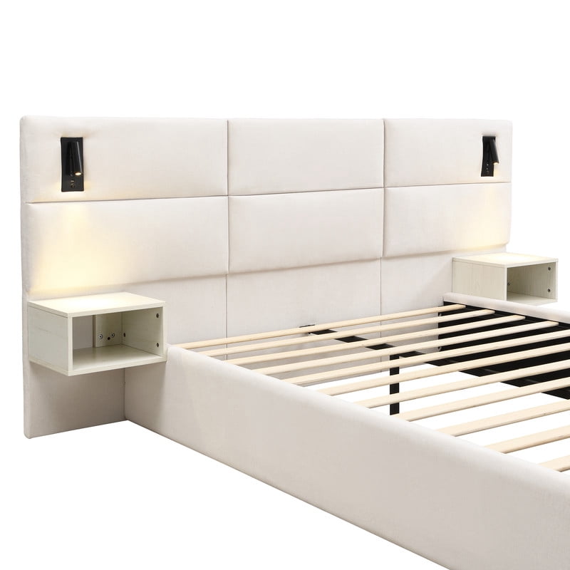 Queen Size Upholstered Bed Frame with 2 Reading Lights on Large Headboard, Storage Platform Bed Frame with 2 Open Shelves