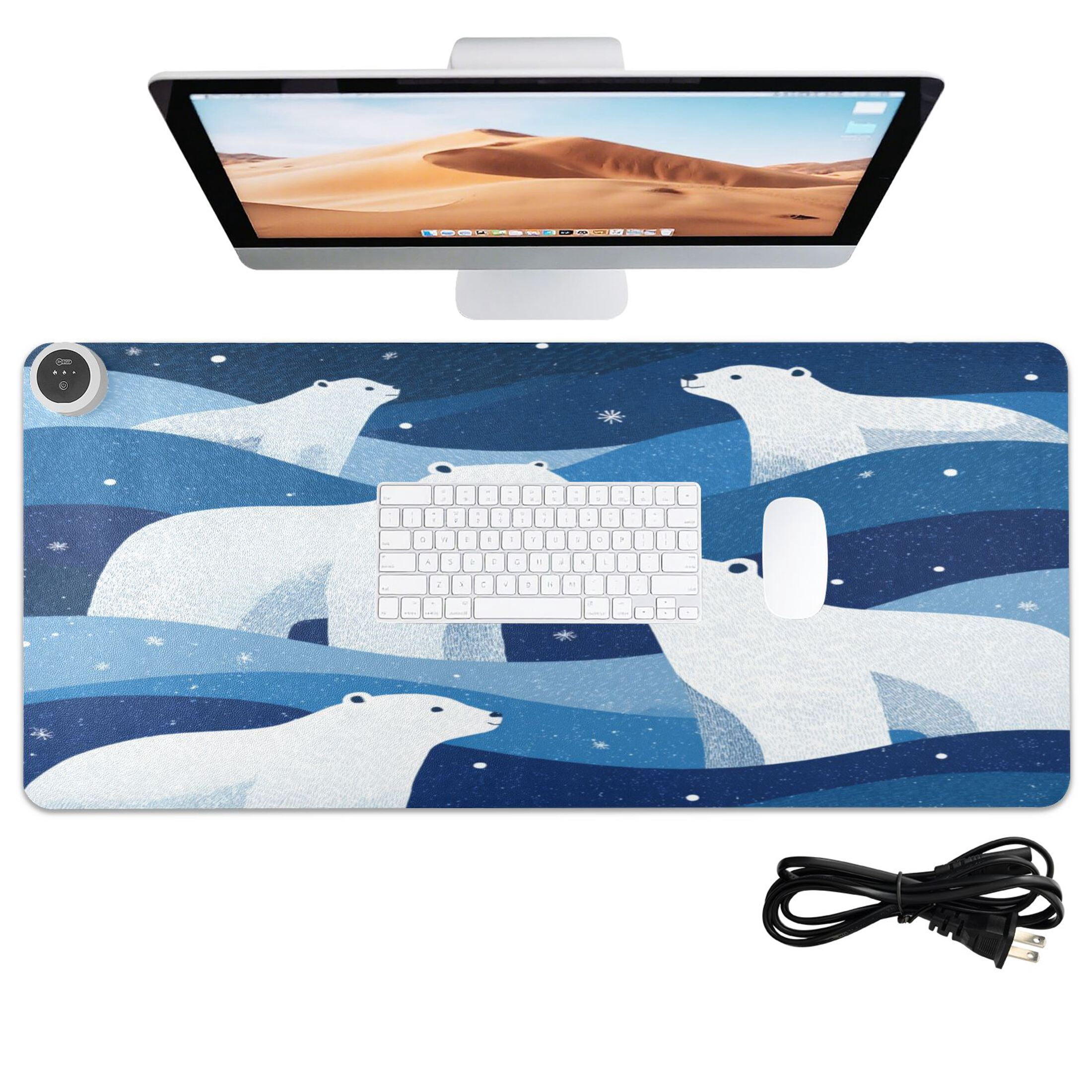 Large Heated Desk Mat Mouse Pad 31.5"x13"PU Leather Graphene Heating Desk Warmer with 3 Temperature Settings 110V US Plug Non-Slip Warm Pad for Home, Office, and Gaming Arctic Night Bear Art