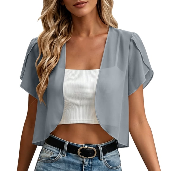 Fmbrln Womens Casual Hoodless Short Sleeve Short Cardigan Jacket Solid Color Chiffon Breathable Open Front Lounge Coat