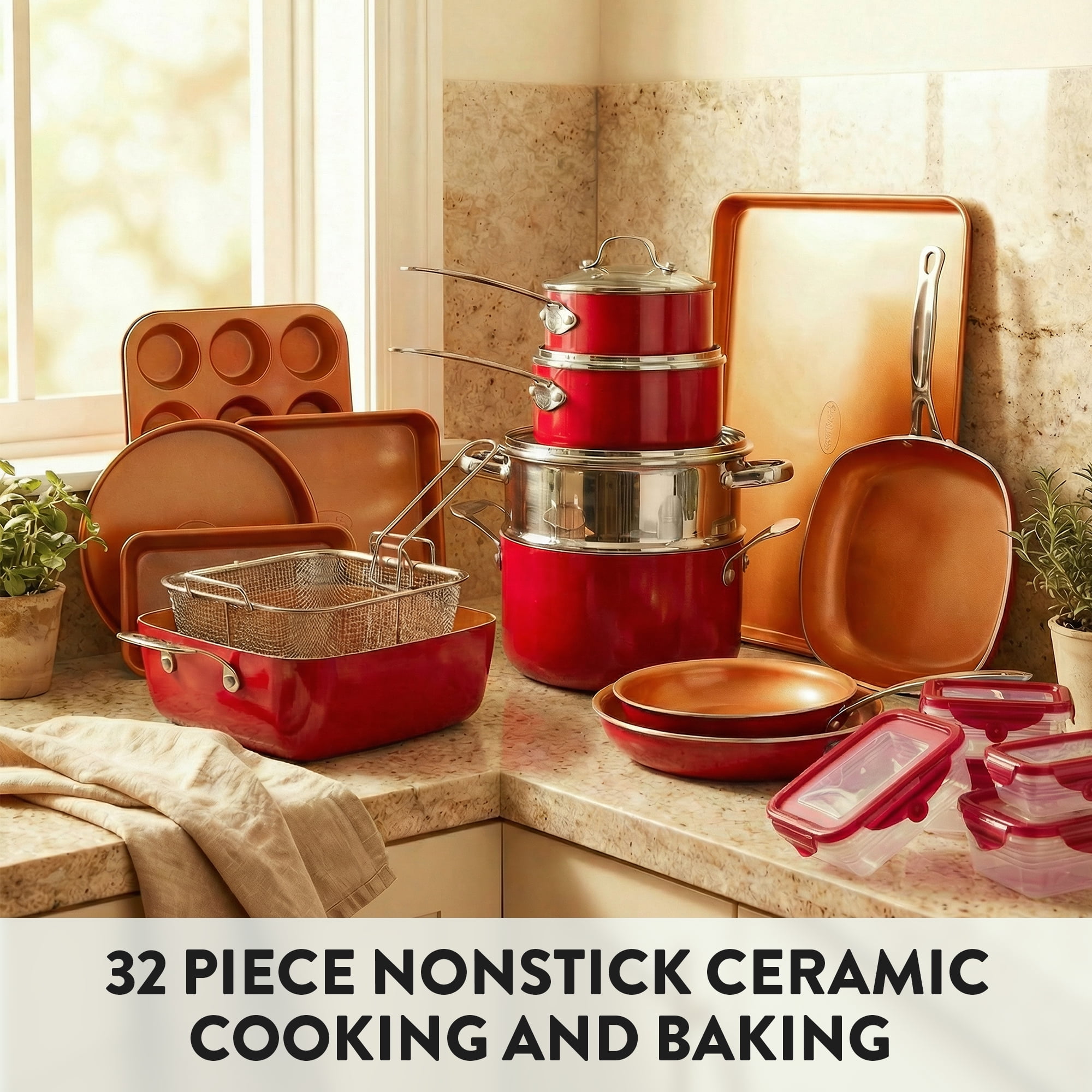 Gotham Steel 32 Pcs Pots and Pans Set Non Stick, Ceramic Pots and Pans Set, Ceramic Cookware Set with Bakeware and Premium Food Storage Set, Non Stick Pot and Pan Set, Red