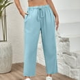 thumbnail image 2 of Jinhomg Women's Cotton Linen Pant, Casual Elastic Drawstring Waist Trousers Basic Solid Wide Leg Pants with Pockets Spring Summer Clothes Sky Blue L, 2 of 10