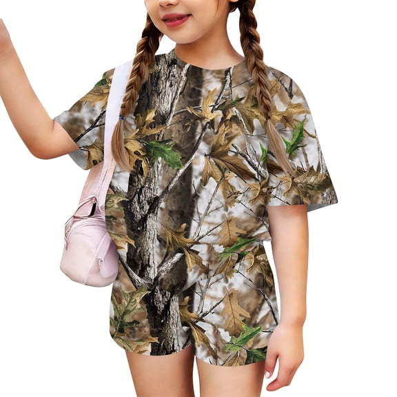 Grblisyd Girls 2 Piece Summer Outfit Maple Leaf Print Short Sleeve Crew Neck Camo Tops and Elastic Waist Shorts Sweatsuits Size 8