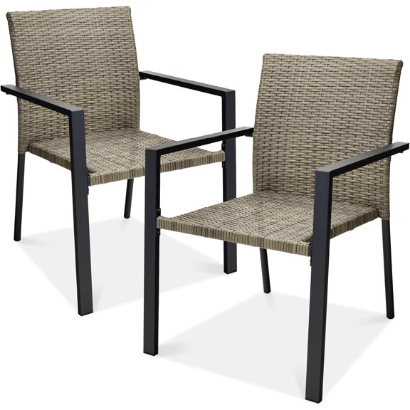 PetFurnishn Set of 2 Stackable Outdoor Wicker Dining Chairs All-Weather Firepit Armchair w/Armrests, Steel Frame for Patio, Deck, Garden, Yard - Taupe