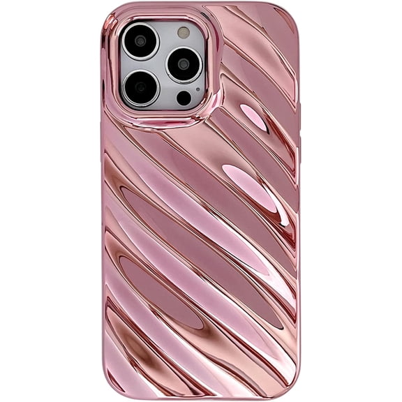 for iPhone 14 Pro Max Case 6.7" Curly Wave Frame Shockproof Phone Cover 3D Water Ripple Pattern Camera Lens Protection Bling Plating Soft TPU Case for Women Girls(Pink,for iPhone 14 Pro Max)