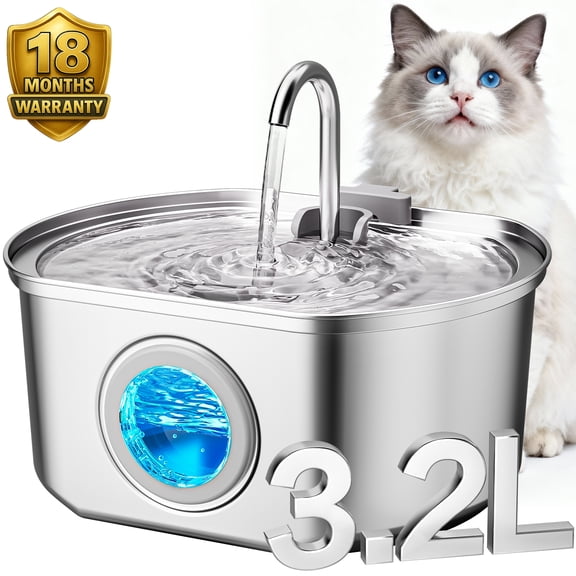 Neareal Stainless Steel Cat Water Fountain - 108 oz/3.2L Automatic Pet Drinking Fountain with Water Level Window, Silver