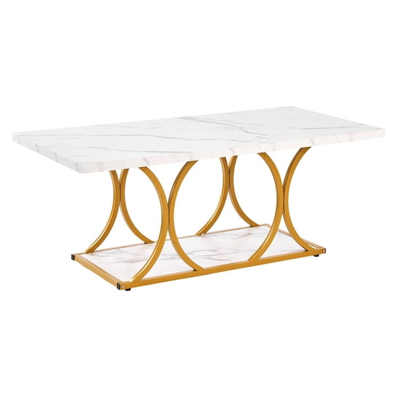 Modern White FauxMarble Coffee Table with Geometric Metal Legs,2-Tier Minimalist Accent Table for Living Room or Office,Easy Assembly Sturdy Design