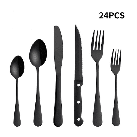 Jinsinto Matte Black Silverware Set, 24 Pieces Stainless Steel Flatware set with Steak Knives for 4, Tableware Cutlery Set, Utensils for Kitchen
