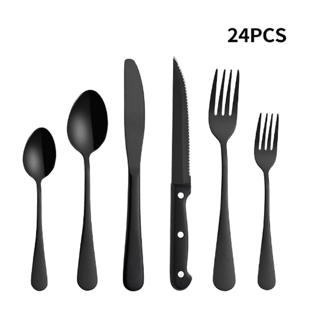 Jinsinto Matte Black Silverware Set, 24 Pieces Stainless Steel Flatware set with Steak Knives for 4, Tableware Cutlery Set, Utensils for Kitchen