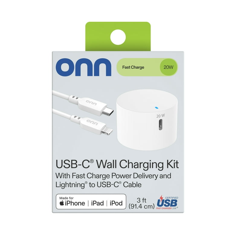 onn. 20W Power Delivery Wall Charging Kit with Lightning to USB-C Cable, White