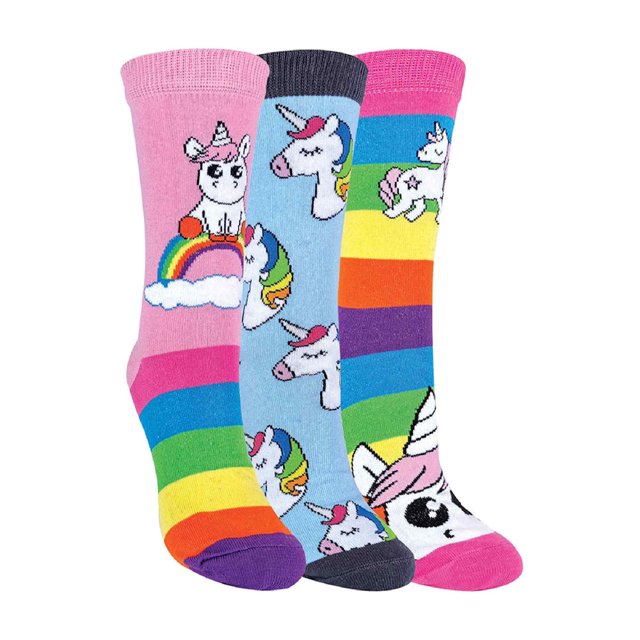 Sock Snob - Childrens Girls 3 Pack Mythical Unicorn Striped Rainbow Theme Socks