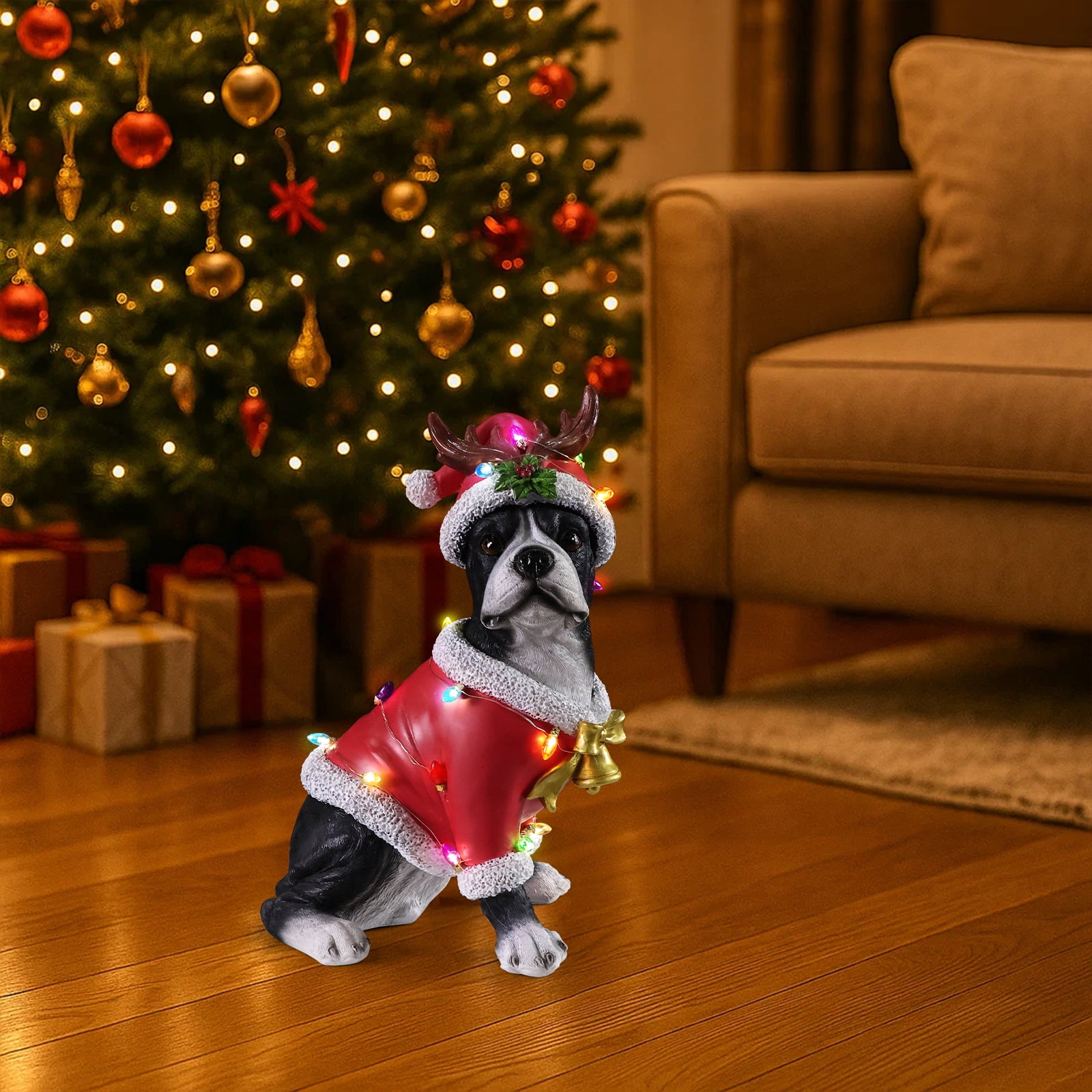Boston Terrier Christmas Dog Statue with Santa Outfit Reindeer Antlers Holly Accents Tabletop Decor