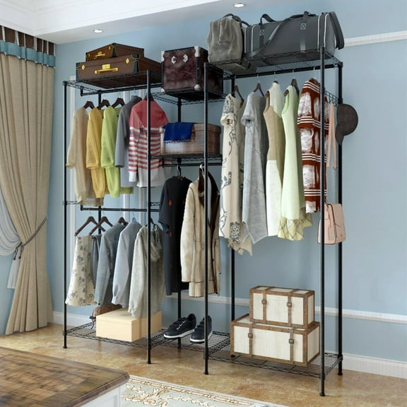 Zimtown Wire Garment Rack Heavy Duty Clothes Rack Compact Large Size Armoire Storage Rack Freestanding Metal Clothing Rack Closet Wardrobe with 4 Hanger Rods and 5 Shelves, Black