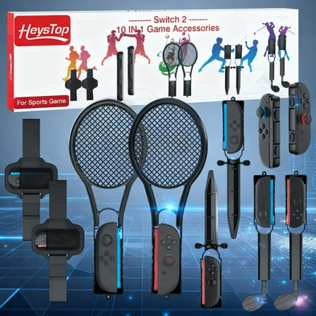 10-in-1 Family Sports Accessories Kit for Nintendo Switch 2 - Includes Leg Strap, Golf Clubs, Tennis Rackets, Sword Grips & Joy-Con Wrist Straps. Perfect for Enhancing Switch 2 Sports Game Experience