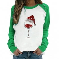 Patlollav Christmas Tops for Ladies,Womens Wine Glass Print Christmas Tee Round Neck Casual Tops Gift