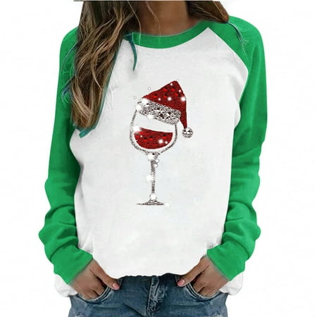 

jsaierl Ladies Printed Long Sleeves Women s Spring Patchwork Christmas Printed Long Sleeves Round Neck Casual Loose Tee Tops