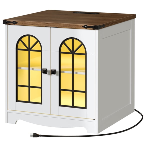 HOOBRO Farmhouse End Table, 23.6" Large Square Side Tables with Charging Station and LED Lights, Large End Table for Living Room, Wooden Nightstand with Glass Barn Door, White and Walnut WH604UDBZ01