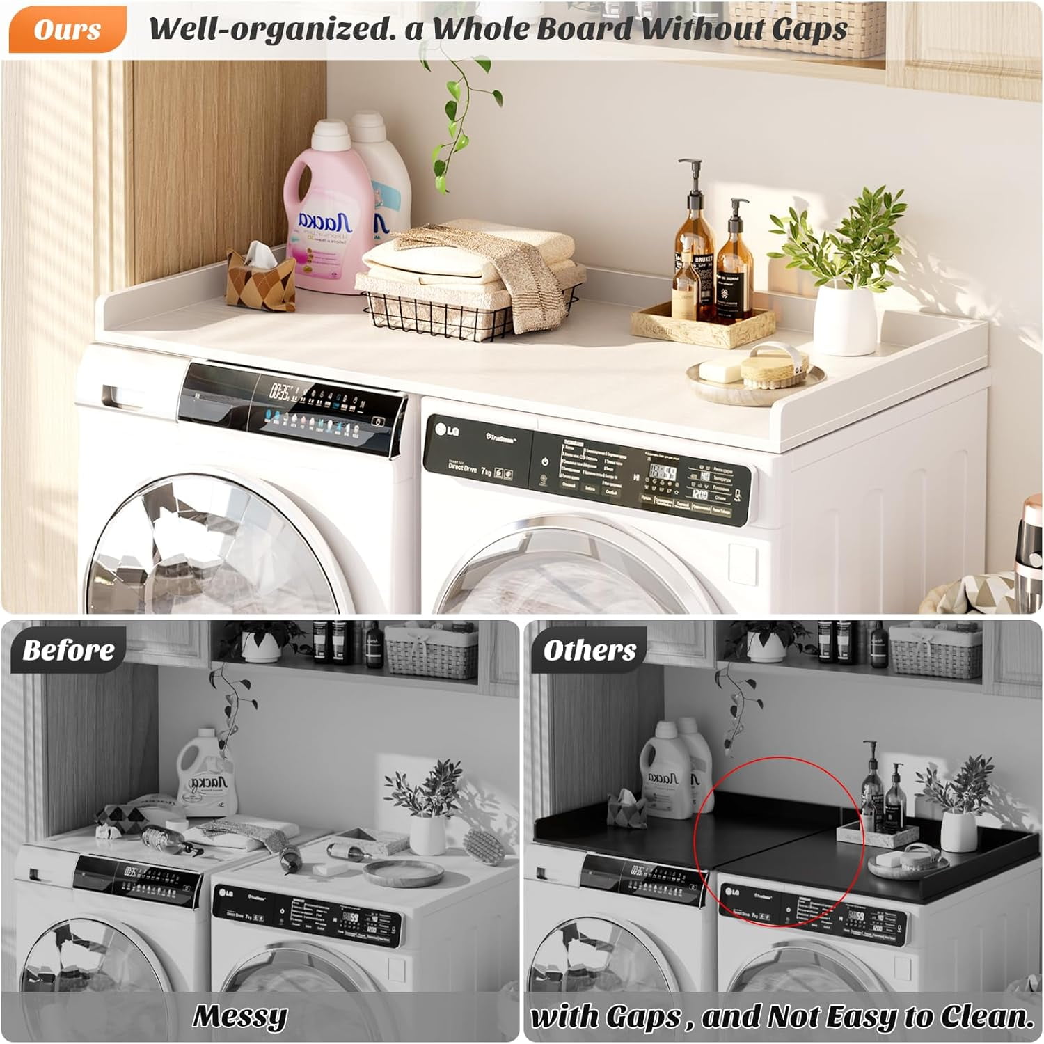 Homieasy Washer and Dryer Countertop, Laundry Room Organization with Non-Slip Pads, Wood Shelf Topper with Round Corner Edge Rails, Laundry Folding Organizer for Laundry, White