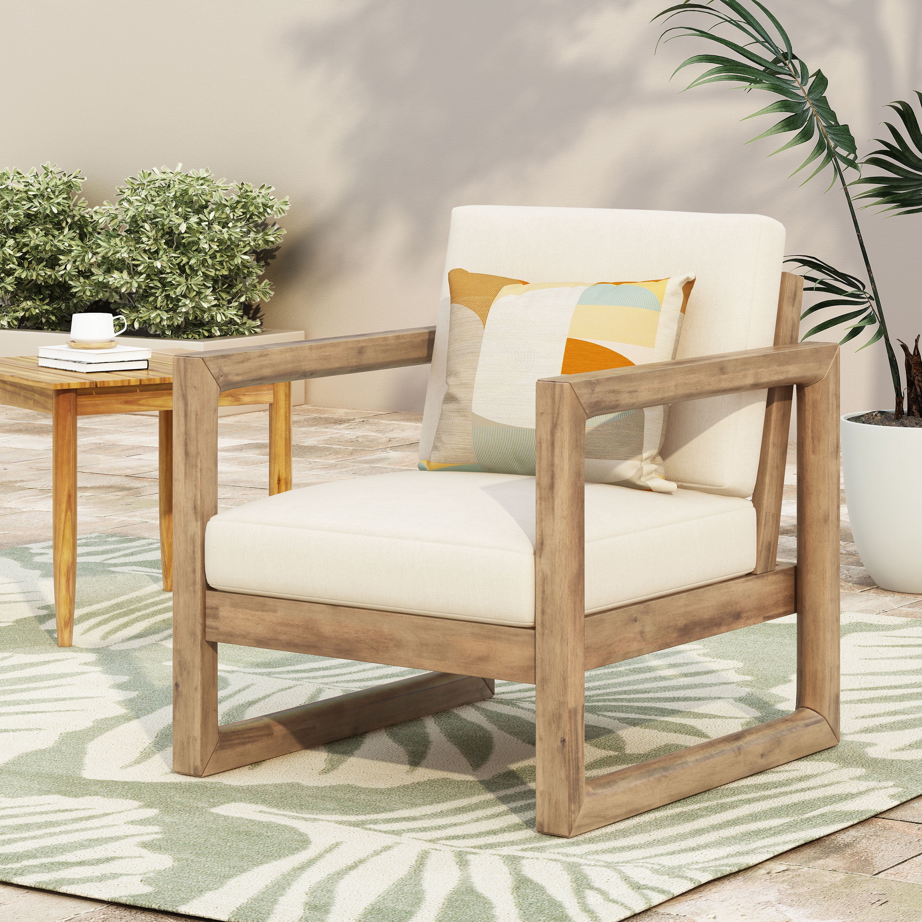 Outdoor Patio Single Seat Chair, Acacia Wood Frame with Thick Waterproof Cushion for Porch Garden, Brown Wash and Beige