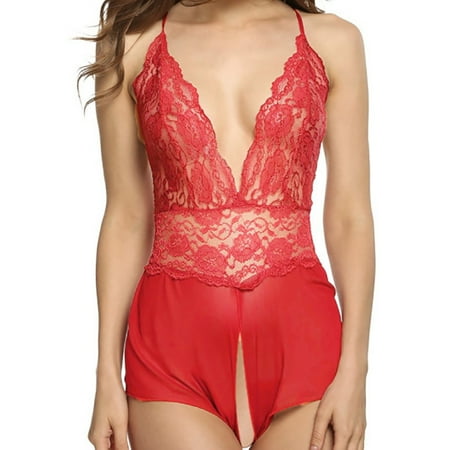 

TKing Fashion Sexy and Charming Show Your Charm Women Lace Sexy Passion Lingerie Deep V Halter Babydoll G-string Dress - Red XXXL