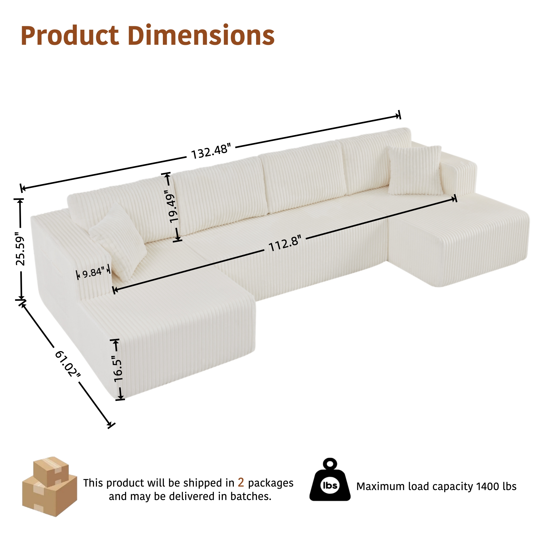 ShiKeyi 132.5" Modern U-Shaped Modular Sectional Sofa with Double Chaise, Corduroy Fabric Cloud Couch Set with Storage Pockets for Living Room, No Assembly Required, Beige
