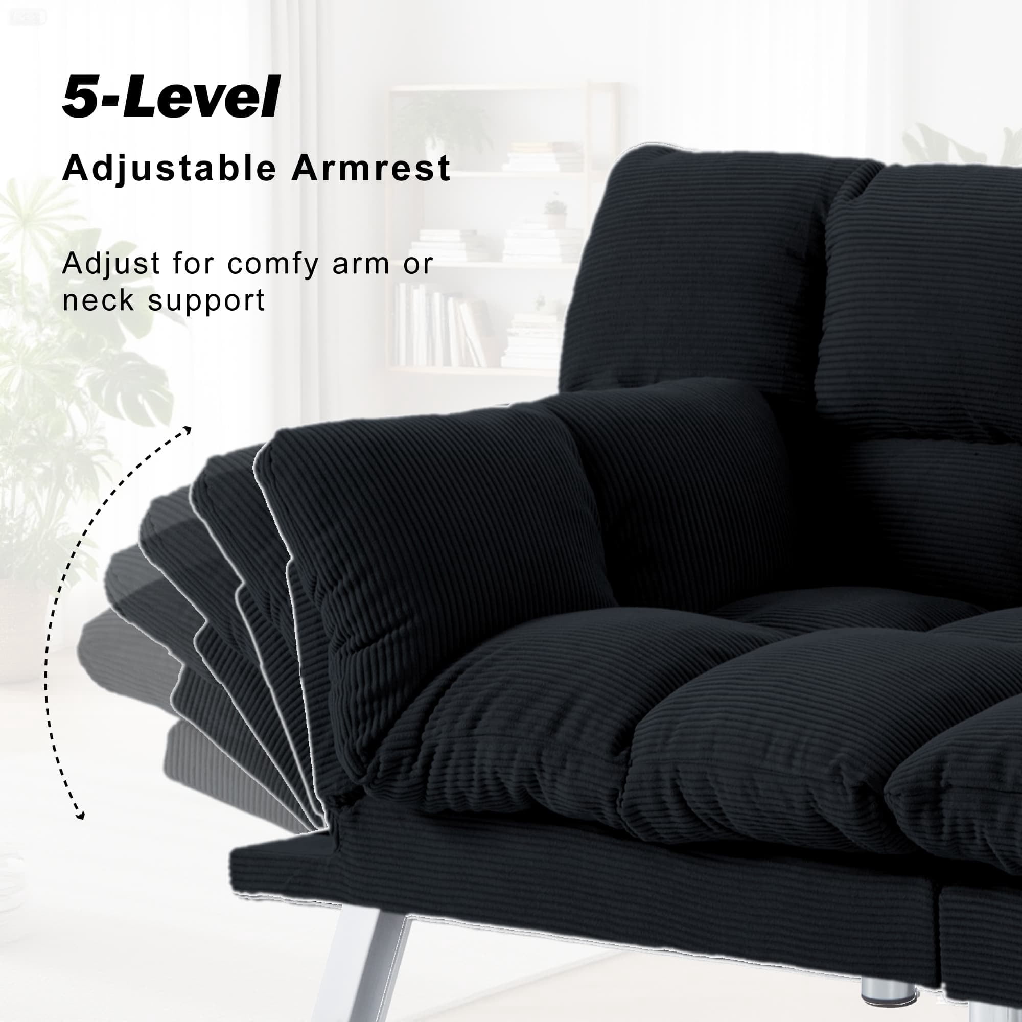BSHTI Corduroy Futon Sofa Bed, 67.3" 3 in 1 Convertible Sofa Bed with Adjustable Armrests, Split-Back Design, Loveseat Sofabed for Apartment, Living Room, Office(Black)
