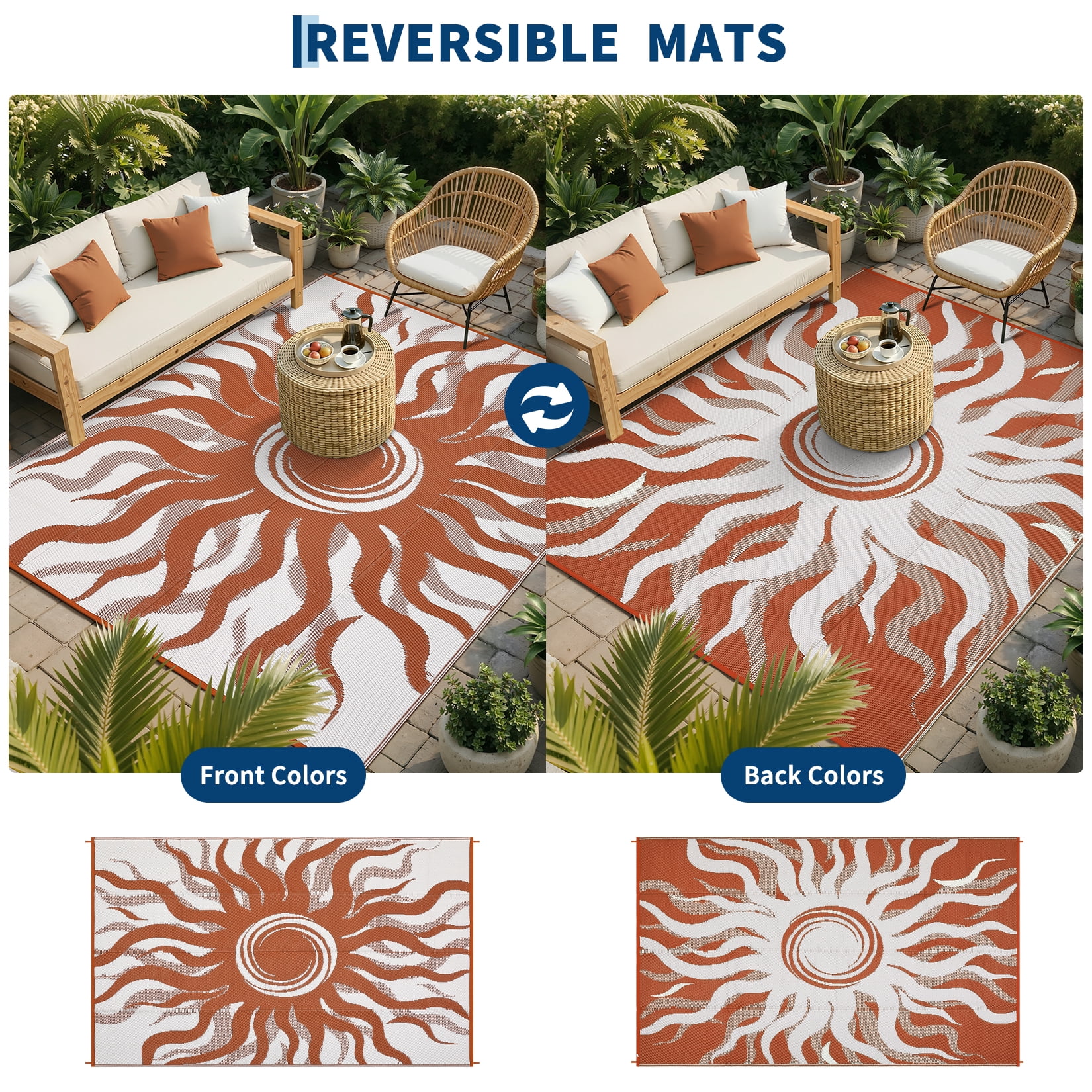 Garvee 8x10ft Outdoor Rug Waterproof Reversible Plastic Straw Rug, Modern Boho Sun Pattern Rug, Large RV Camping Mat Portable Outdoor Carpet for Patio, Balcony, Picnic, Beach, Deck, Red/White