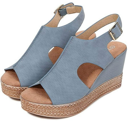 

Lyinloo Women PlatformThick Bottom Fish Mouth Strap Sandals Slope Heel Casual Shoes Blue 43