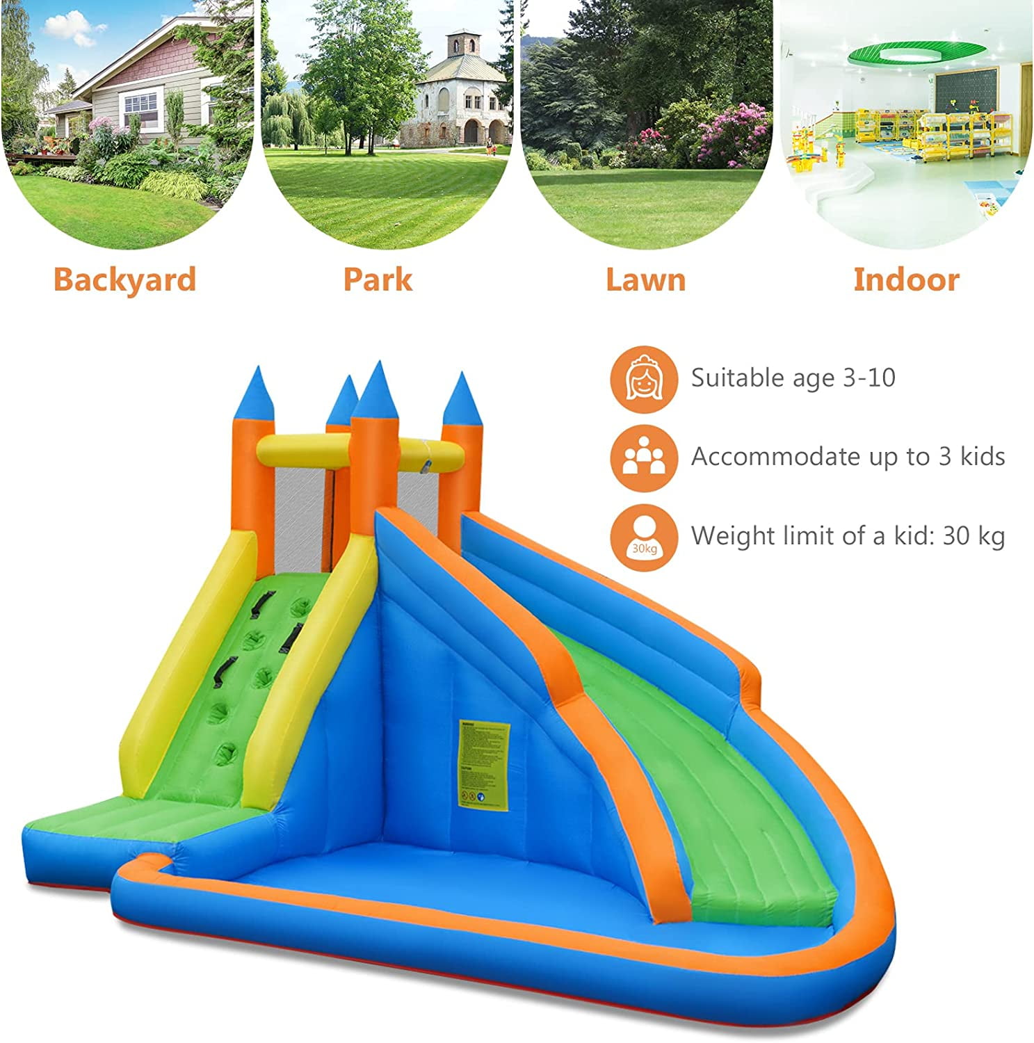 OLAKIDS Inflatable Water Slide, Bounce House Water Park with Slide Climbing Wall Splash Pool, Indoor Outdoor Jumping Castle Obstacle Course for Kids Backyard with Carrying Bag Repairing Kit Stakes