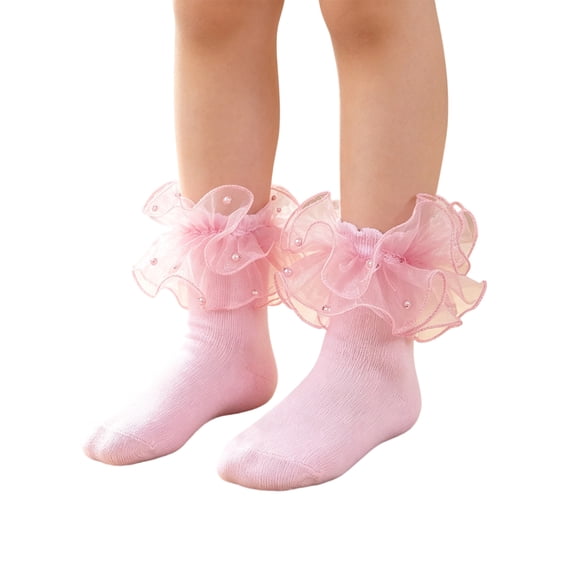 Ruffle Ankle Socks for Girls with Pearl Double Lace Frilly Socks for Kids Stretchy Fit Princess Style Dress Socks