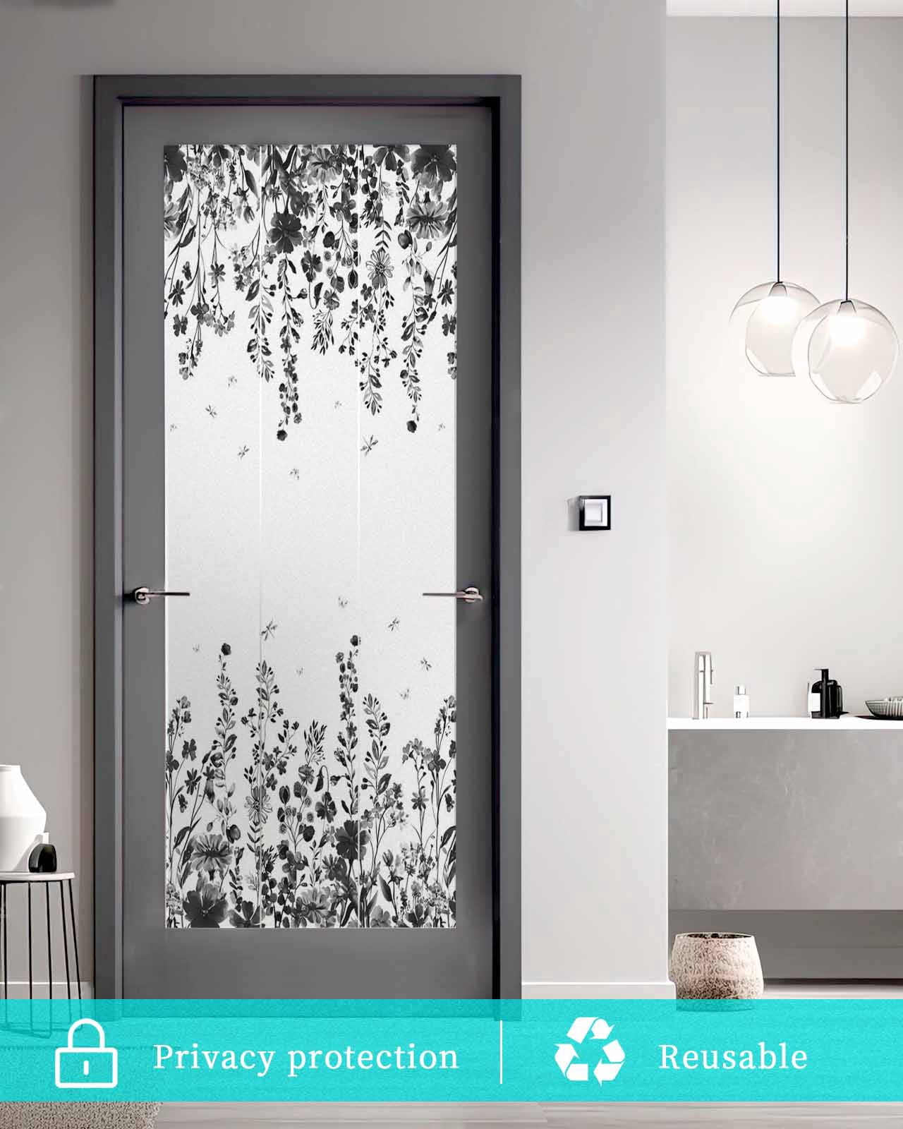 Window Privacy Film Grey Botanical Stained Glass Window Film Decorative Sun Block Window Cover Dragonfly Flower Leaf Retro Ink Style Window Clings Static Adhesive Sticker for Bathroom 29.5"x78.7"