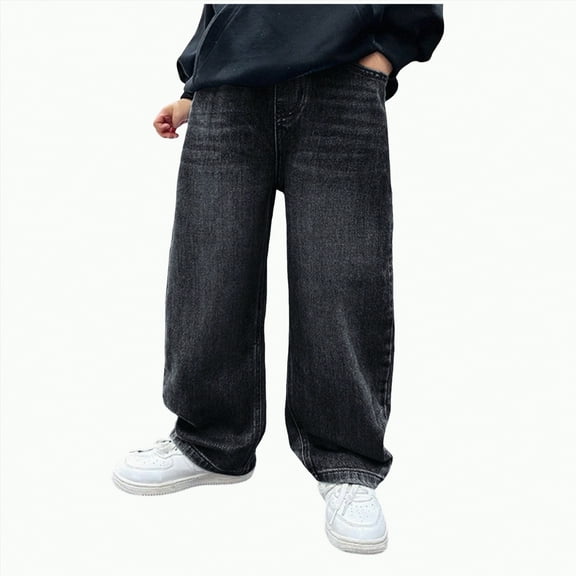 Lycaql Boy Baggy Jeans Straight Leg Elastic Waist Loose Denim Pants Boys Wide Leg Jeans with Pockets (Black,13-14 Years)