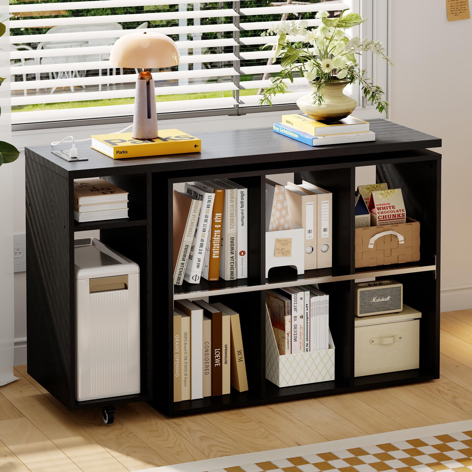 BOSHIRO L-Shaped Rotating Desk with Power Outlets, USB Ports & 6 Storage Shelves, 360° Swivel Computer Desk with Bookshelf for Home Office, Bedroom or Study (Black)