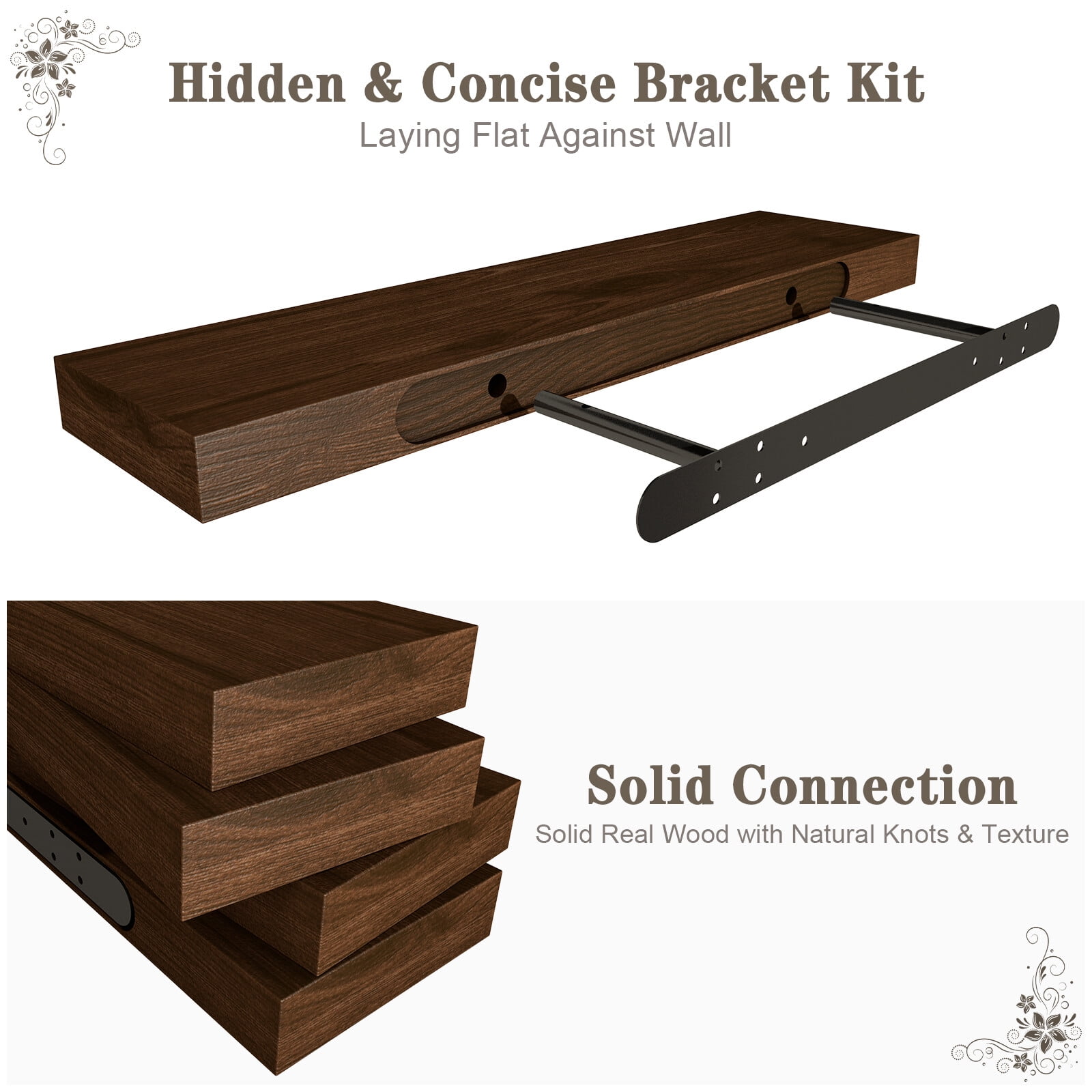 LINGJIA floating Wood Shelves Set of 2 - Rustic Shelf 24 inch - Wide Wooden Wall Shelves for Living Room Bedroom Kitchen Bathroom Farmhouse - Dark Walnut - 24" x 6.3"