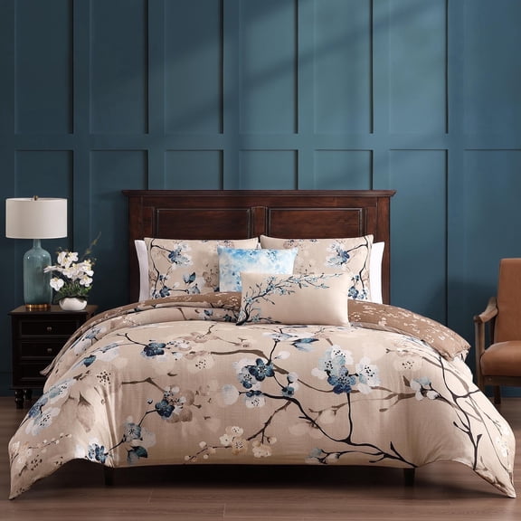 Bebejan Blue Blossom 5 Piece Comforter Set, Queen, Taupe, 220 Thread Count, 100% Cotton Sateen, Reversible