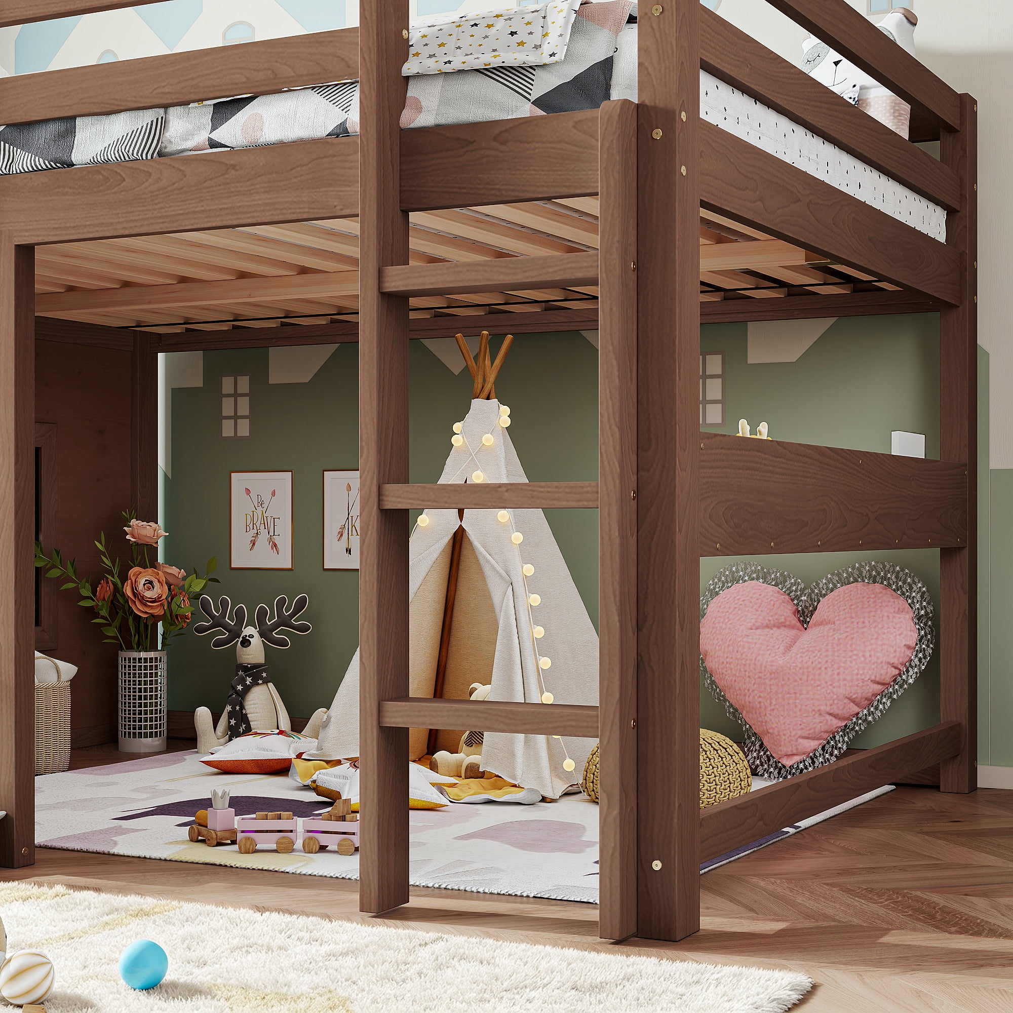 Leumius Full Size Loft Bed with Storage Shelves,Solid Wood Low Loft Bed Frame with Chalkboard and Bookshelf,Space Saving,Natural