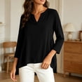 thumbnail image 4 of Qzwdhjm Womens 3/4 Sleeve Tops Stand V Neck Linen Top with Asymmetric Hem Side Pleated Loose Casual Shirts for Summer Going Out, 4 of 7