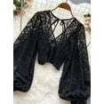thumbnail image 3 of ZOELNIC Women's Sheer Lace Blouse with Tie Back & Lantern Sleeves, Long Sleeve Crop Top, 3 of 6