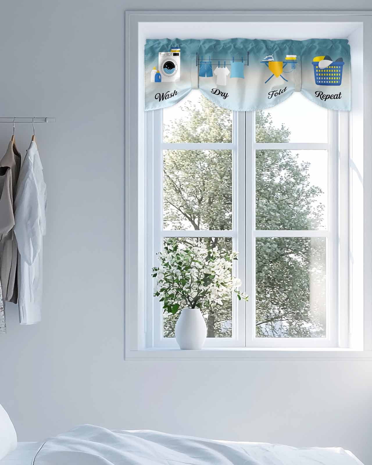 Wash Dry Fold Repeat Tie Up Valances Curtain, Laundry Clothes Gradient Blue Kitchen Valances for Windows Decor, Rod Pocket Short Curtains Set for Bedroom/Bathroom, 54"x18"