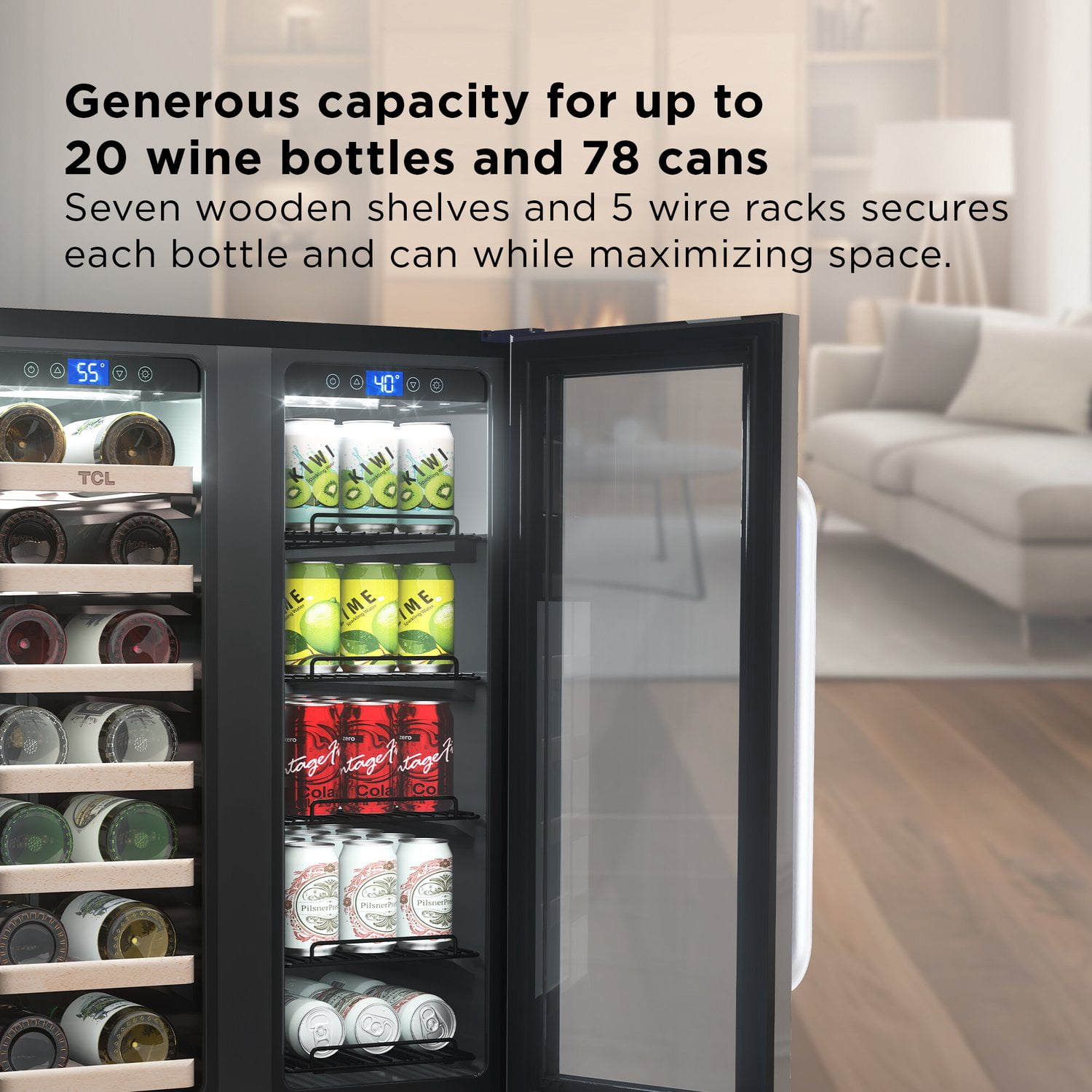 TCL Stainless Steel Double Door 20 Bottle 78 Can Dual Zone Wine & Beverage Cooler, 5.3 Cu. Ft.