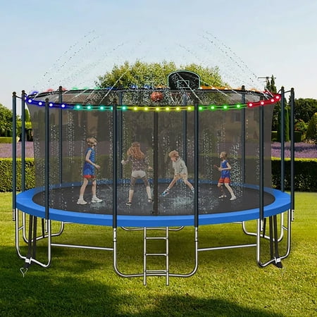 16FT Trampoline for 8-9 Kids Adults with Basketball Hoop, Ladder, Light, Sprinkler, Socks, Outdoor Heavy Duty Recreational Trampoline