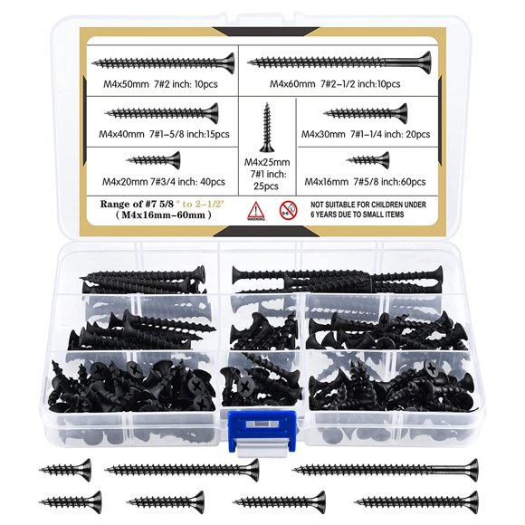 shiyou-180 Pcs M4 Black Wood Screw Assortment Coarse Thread Harp Point Self Tapping Screws 7 Sizes Drywall Screws for Drywall Sheetrock Wood Furniture and Cabinet (Black)