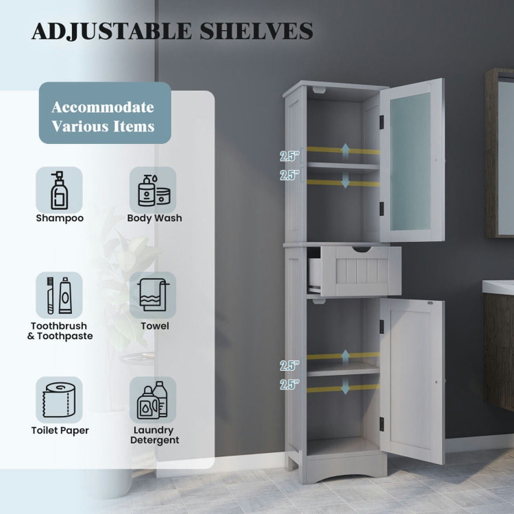 Finihen Storage Cabinet, Floor Cabinet, Tall Floor Storage Cabinet with 2 Doors and 1 Drawer for Bathroom, Living Room, Bedroom, Kitchen, Gray